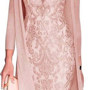 Beaded Lace Knee Length Mother of the Bride/Wedding Dress & Sheer Sleeve Sheath